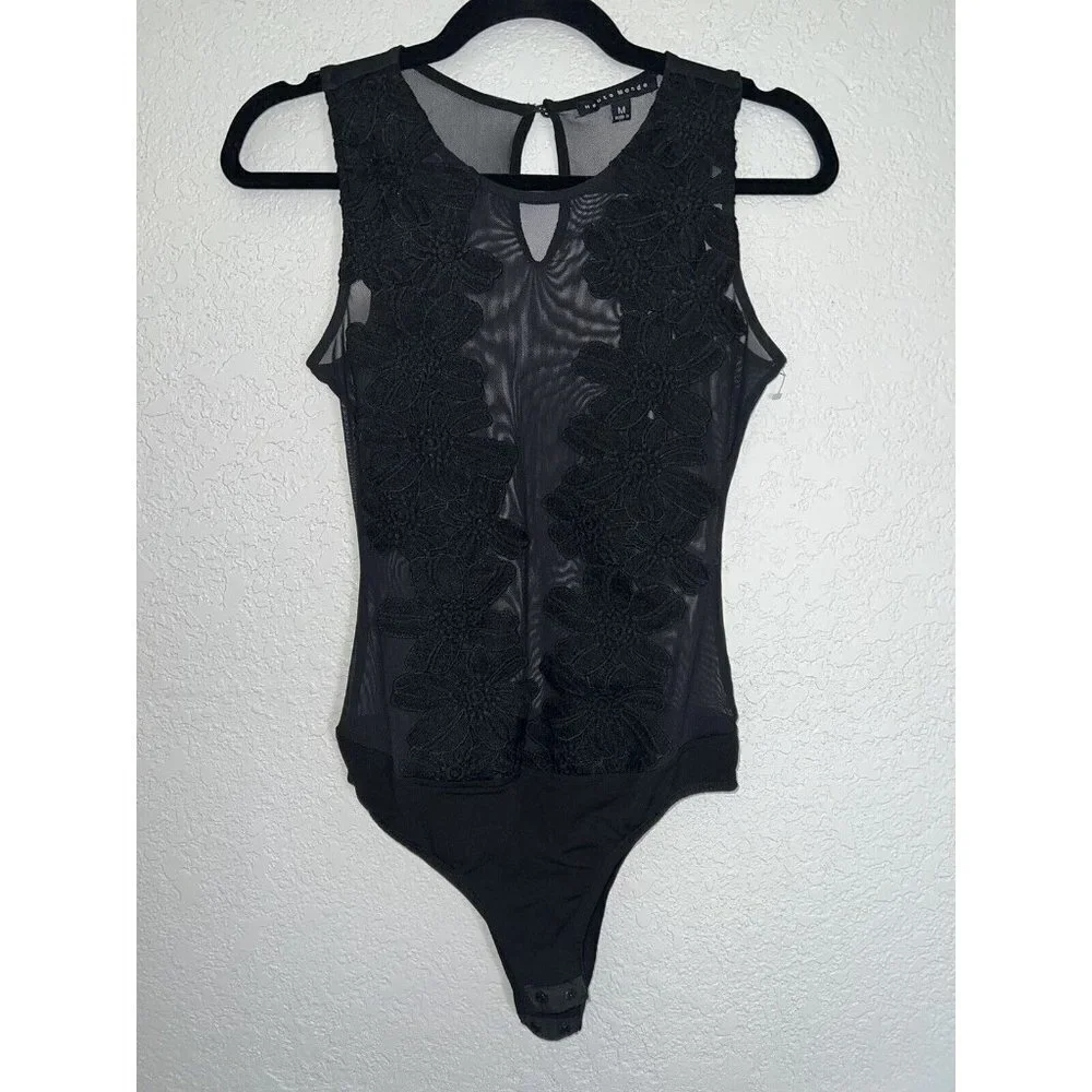 HAUTE Monde Black Bodysuit Sheer Floral Sleevless Size M Womens Sexy G - Picture 4 of 11